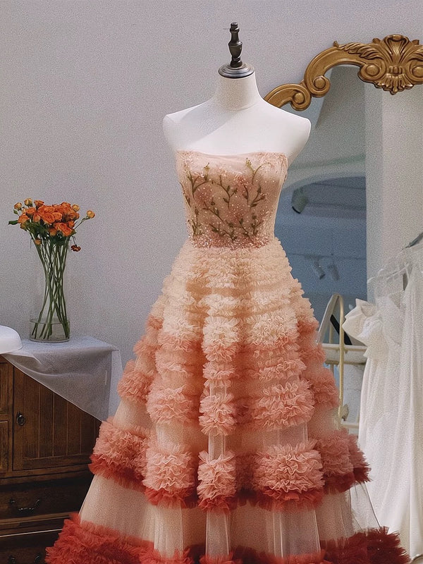 A Line Strapless Beads Appliques Tulle Long Prom Dresses Evening Dresses DP1284