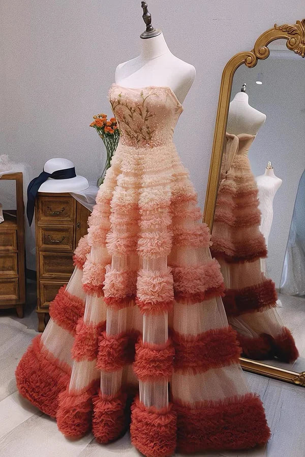 A Line Strapless Beads Appliques Tulle Long Prom Dresses Evening Dresses DP1284