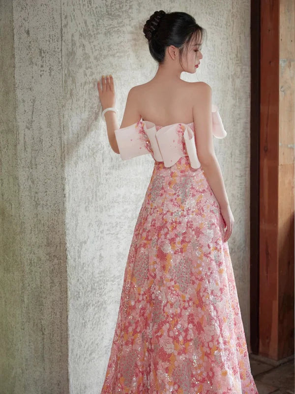 Fairy A Line Off the Shoulder Pink Sequin Tulle Long Evening Dress Prom Dress DP1255