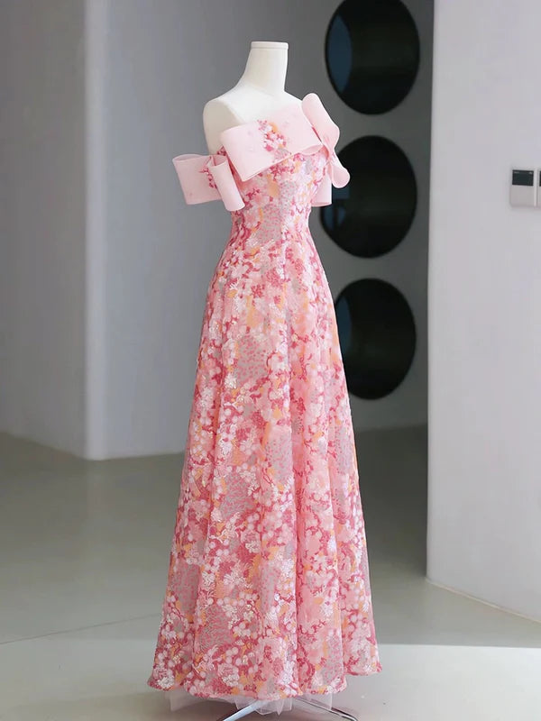 Fairy A Line Off the Shoulder Pink Sequin Tulle Long Evening Dress Prom Dress DP1255