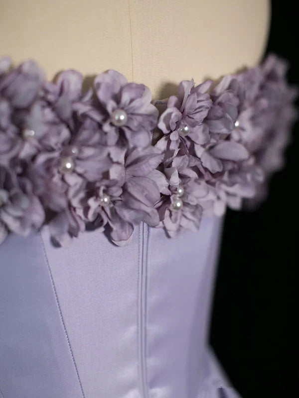 Lilac A Line Off the Shoulder Floral Satin Long Prom Dress Party Evening Dress DP1242