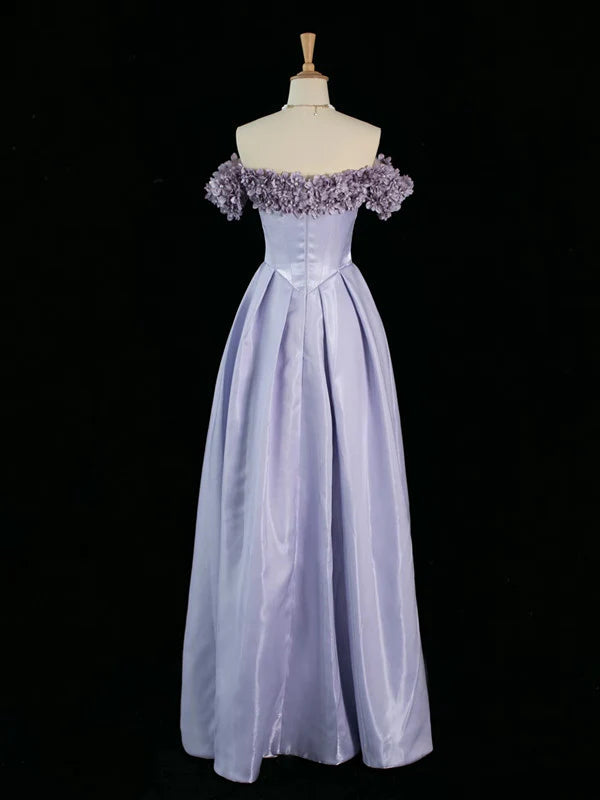 Lilac A Line Off the Shoulder Floral Satin Long Prom Dress Party Evening Dress DP1242