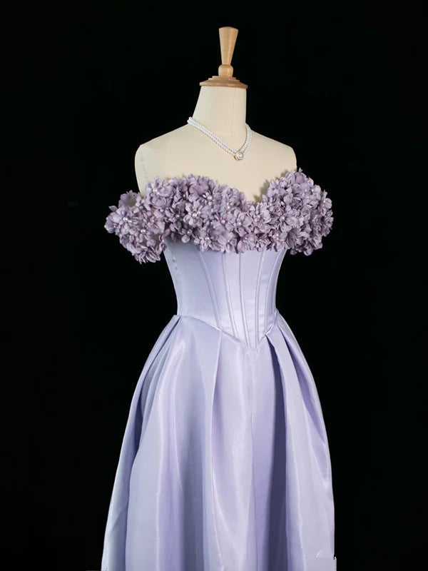 Lilac A Line Off the Shoulder Floral Satin Long Prom Dress Party Evening Dress DP1242