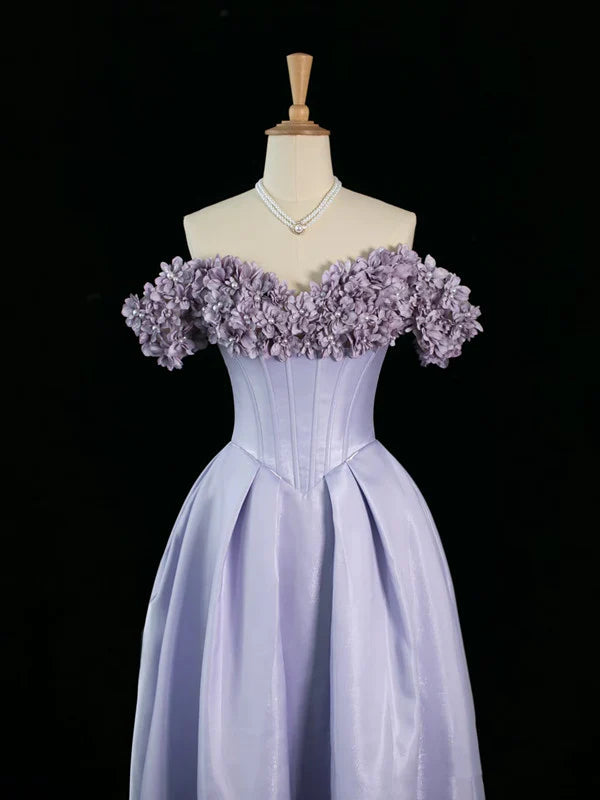 Lilac A Line Off the Shoulder Floral Satin Long Prom Dress Party Evening Dress DP1242