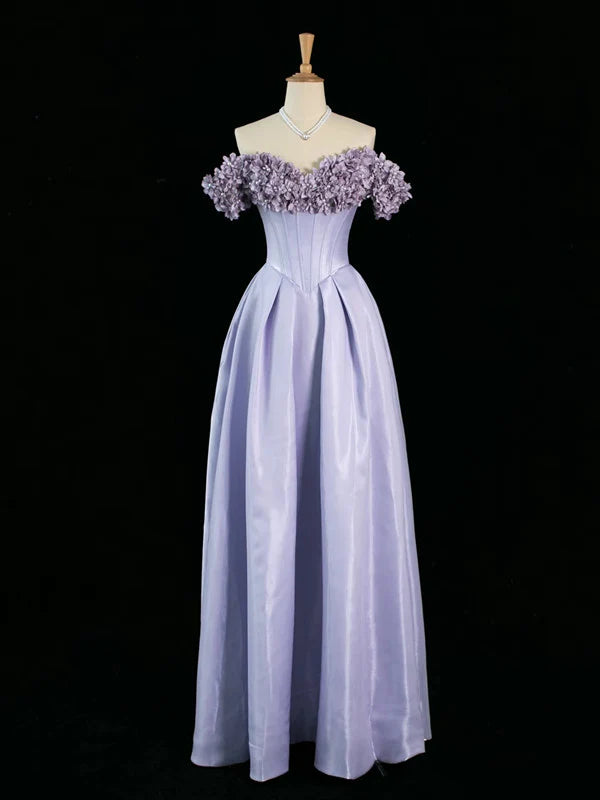 Lilac A Line Off the Shoulder Floral Satin Long Prom Dress Party Evening Dress DP1242