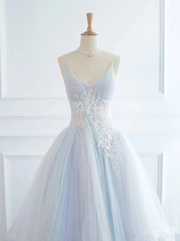 Pretty Spaghetti Straps Appliques Sequins Tulle Long Evening Dress Ball Gown DP1273