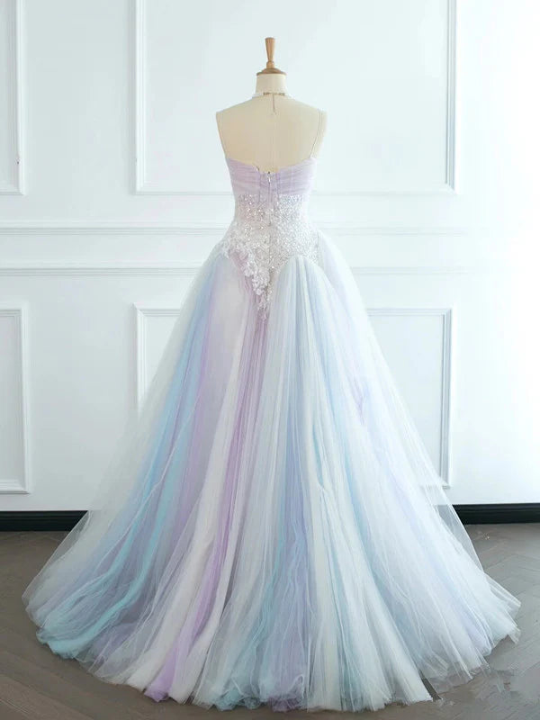 Pretty Spaghetti Straps Appliques Sequins Tulle Long Evening Dress Ball Gown DP1273