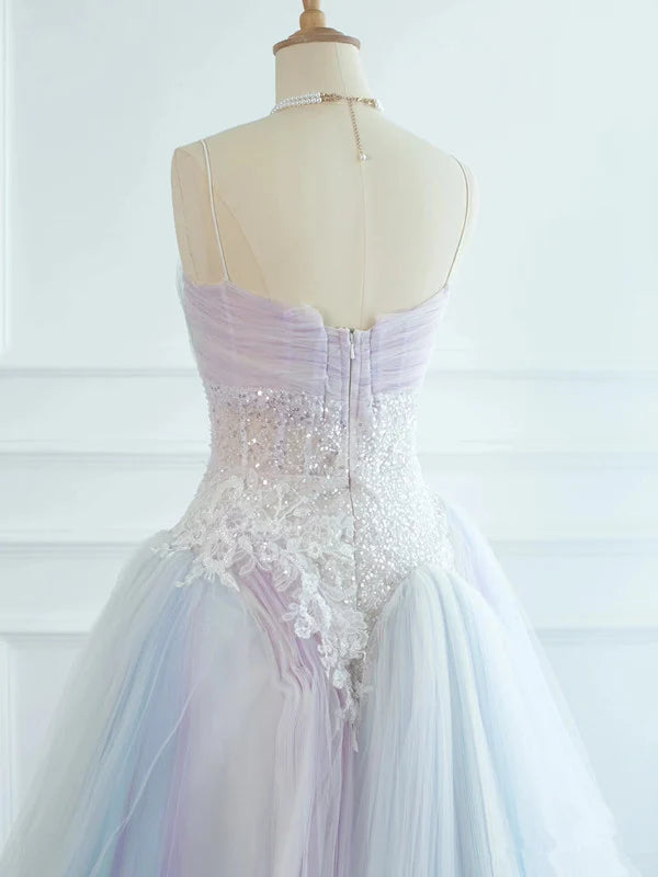 Pretty Spaghetti Straps Appliques Sequins Tulle Long Evening Dress Ball Gown DP1273