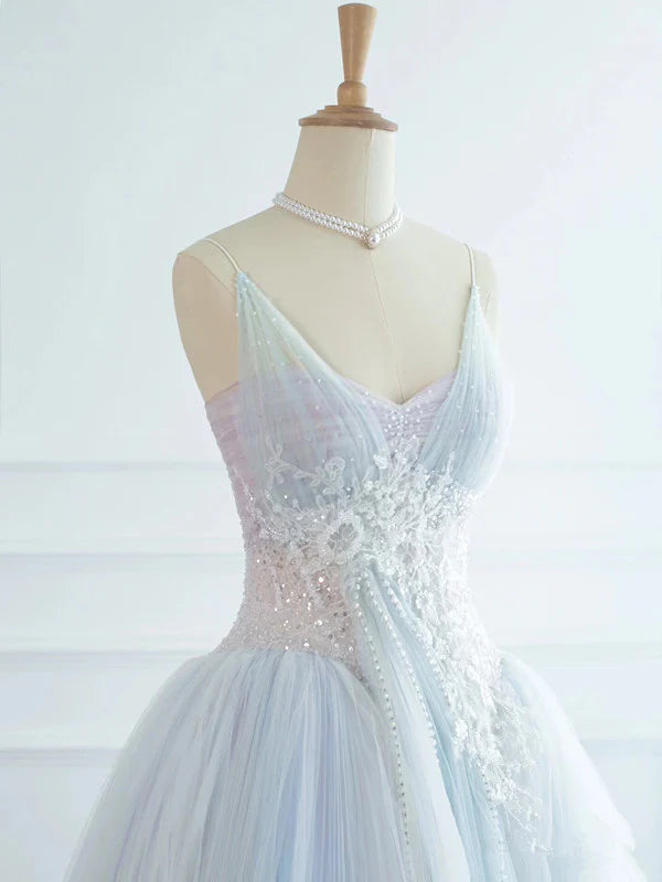 Pretty Spaghetti Straps Appliques Sequins Tulle Long Evening Dress Ball Gown DP1273