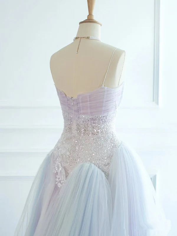 Pretty Spaghetti Straps Appliques Sequins Tulle Long Evening Dress Ball Gown DP1273