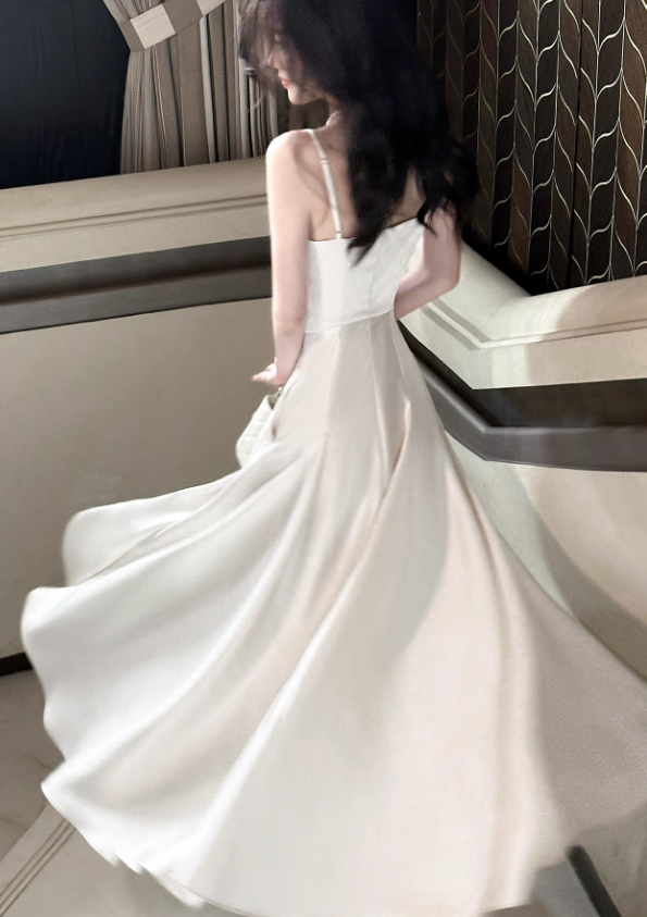 Simple White Spaghetti Strap Satin Prom Dress Evening Dress Party Dress DP3589