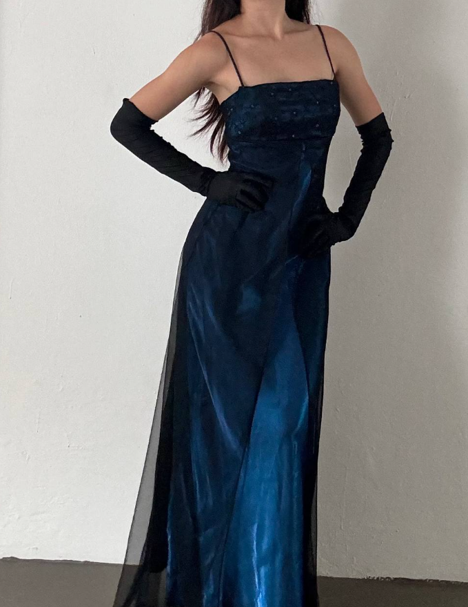 Elegant A Line Spaghetti Strap Appliques Black Tulle Blue Satin Prom Dress Evening Dress DP2235