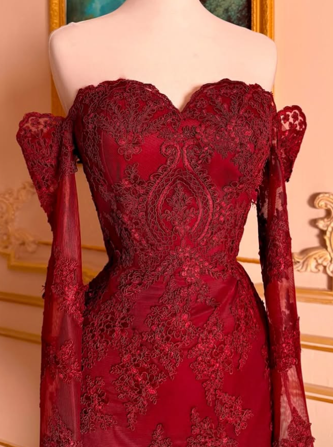 Burgundy Mermaid Sweetheart Neck Long Sleeve Lace Prom Dress Evening Dress DP1673