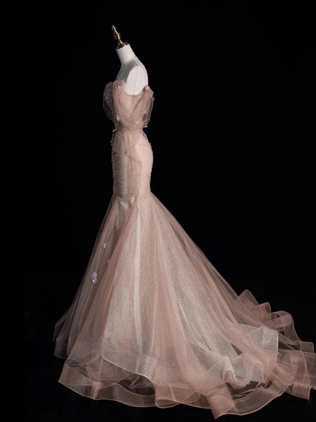 Elegant Mermaid Off the Shoulder Flower Beaded Tulle Long Prom Dress Graduation Prom Dress DP2269