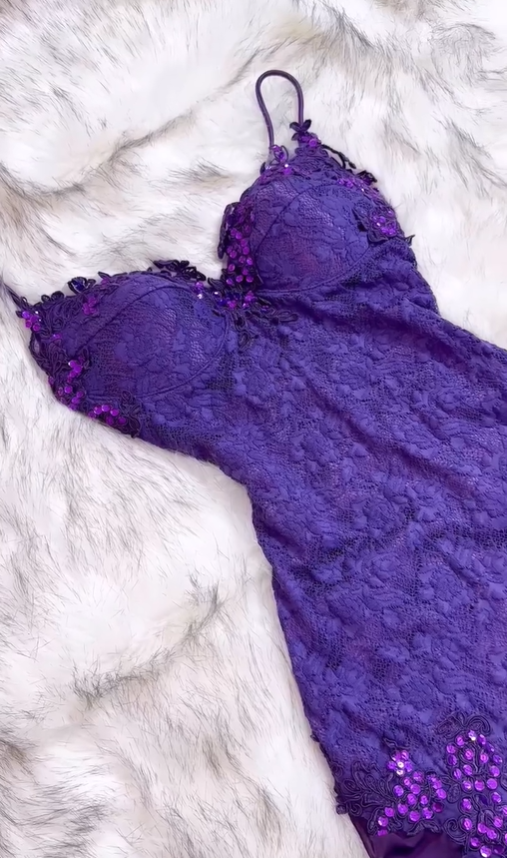 Dark Purple Vintage Sheath Appliques Ruffle Chiffon Lace Prom Dress DP5157
