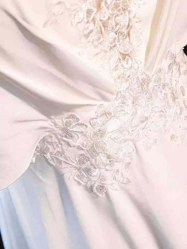 Sexy V Neck Short Sleeves Lace White Long Prom Dress DP058