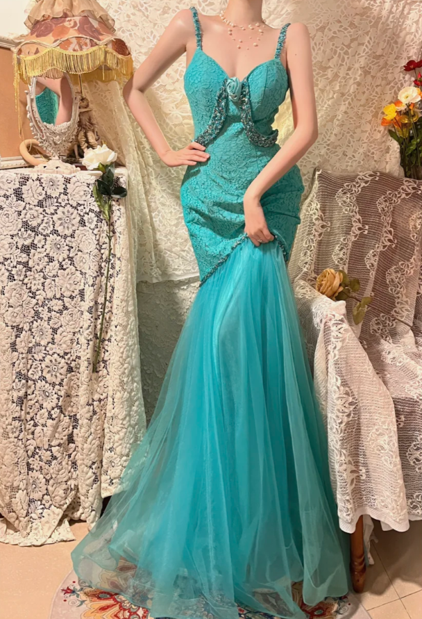 Vintage Mermaid Spaghetti Strap Beaded Blue Lace Tulle Prom Dress Wedding Guest Dress DP4278