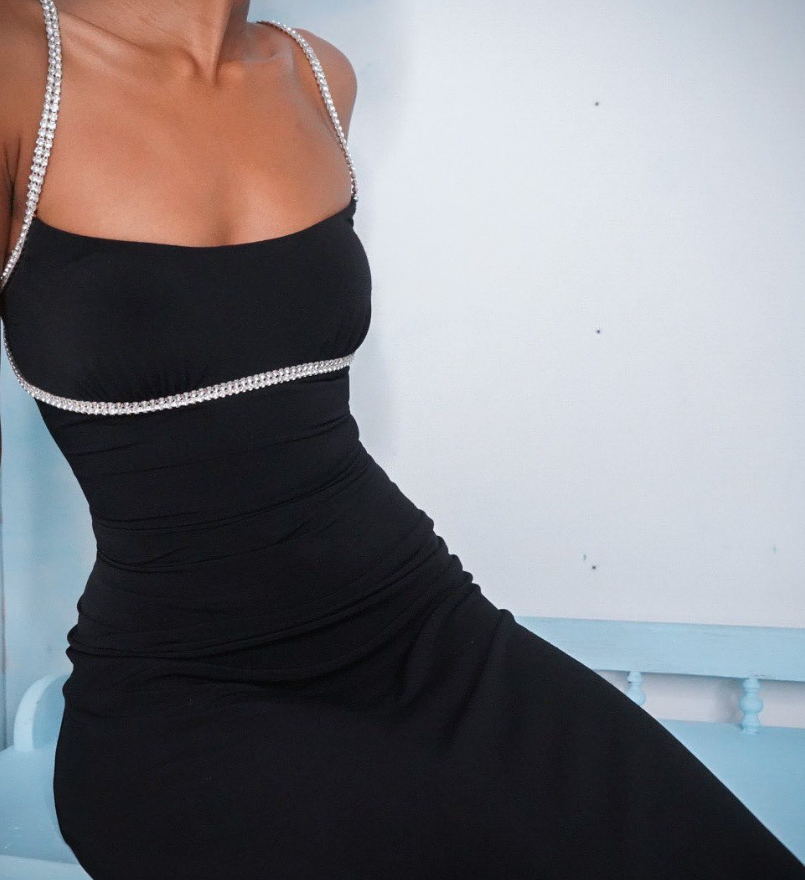 Sexy Sheath Spaghetti Strap Rhinestone Black Satin Long Prom Dress Evening Dress DP1787