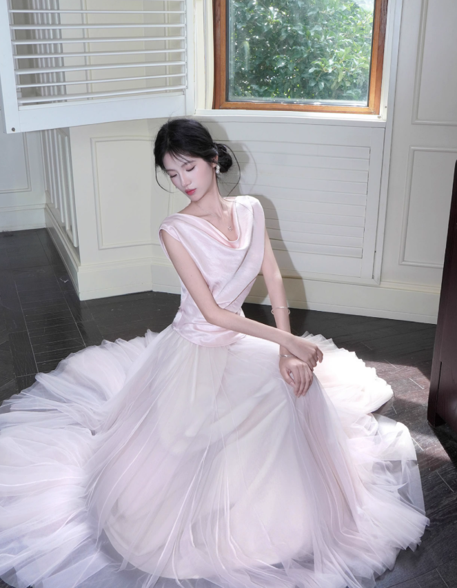 Gentle Light Pink Ball Gown Tulle Satin Prom Dress 16th Birthday Dress DP3569
