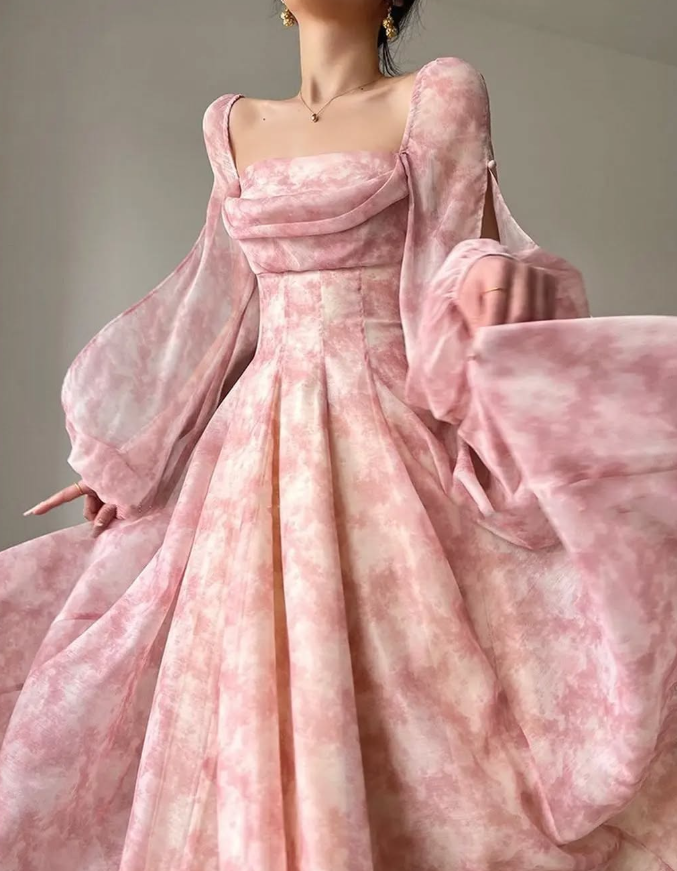 Flowy Pink A Line Long Sleeve Print Floral Chiffon Prom Dress Party Dress Outfits DP4137