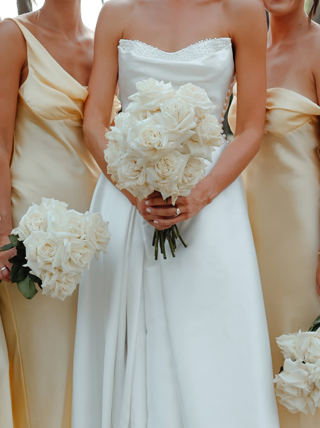 Gorgeous A Line Strapless Pearl Satin Long Sweep Wedding Dress with Slit DP1880