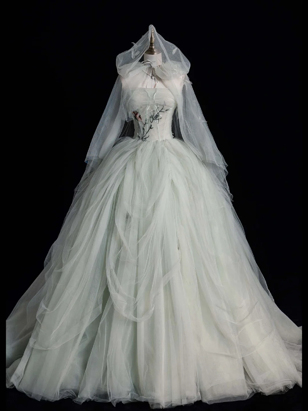 Romantic A Line Strapless Floral Sage Green Tulle Long Evening Dress Party Dress DP2300