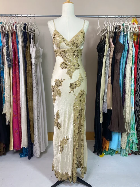 Barbie Pink Gold Appliques Sequin Satin Prom Dress Date Dress Evening Dress with Slit DP2910