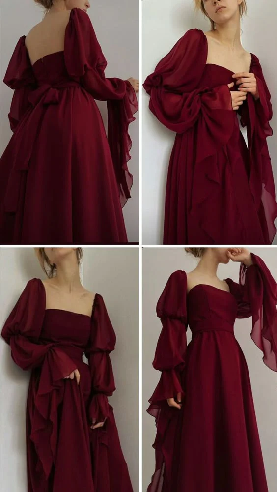 Romantic A-Line Vintage Burgundy Chiffon A Line Long Prom Dress Party Dress Outfits DP668