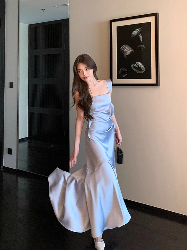 Gentle Blue Mermaid Straps Satin Prom Dress Formal Dress Evening Dress DP3452