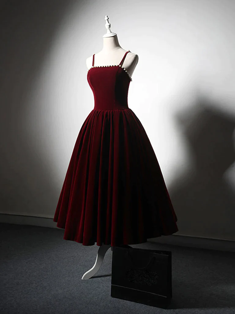 Simple A-Line Velvet Burgundy A Line Prom Dress DP070