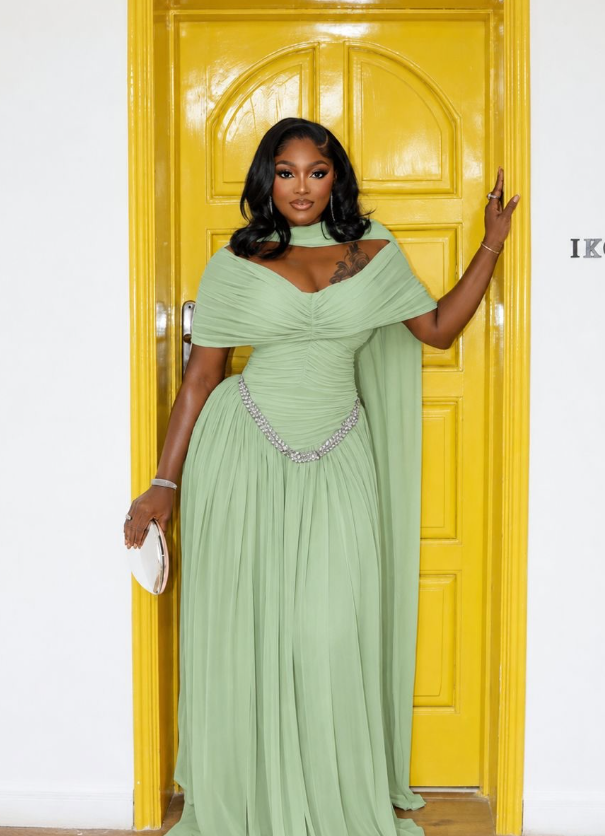 Gentle Sage Green A Line Off the Shoulder Beaded Chiffon Prom Dress Outfits DP6324