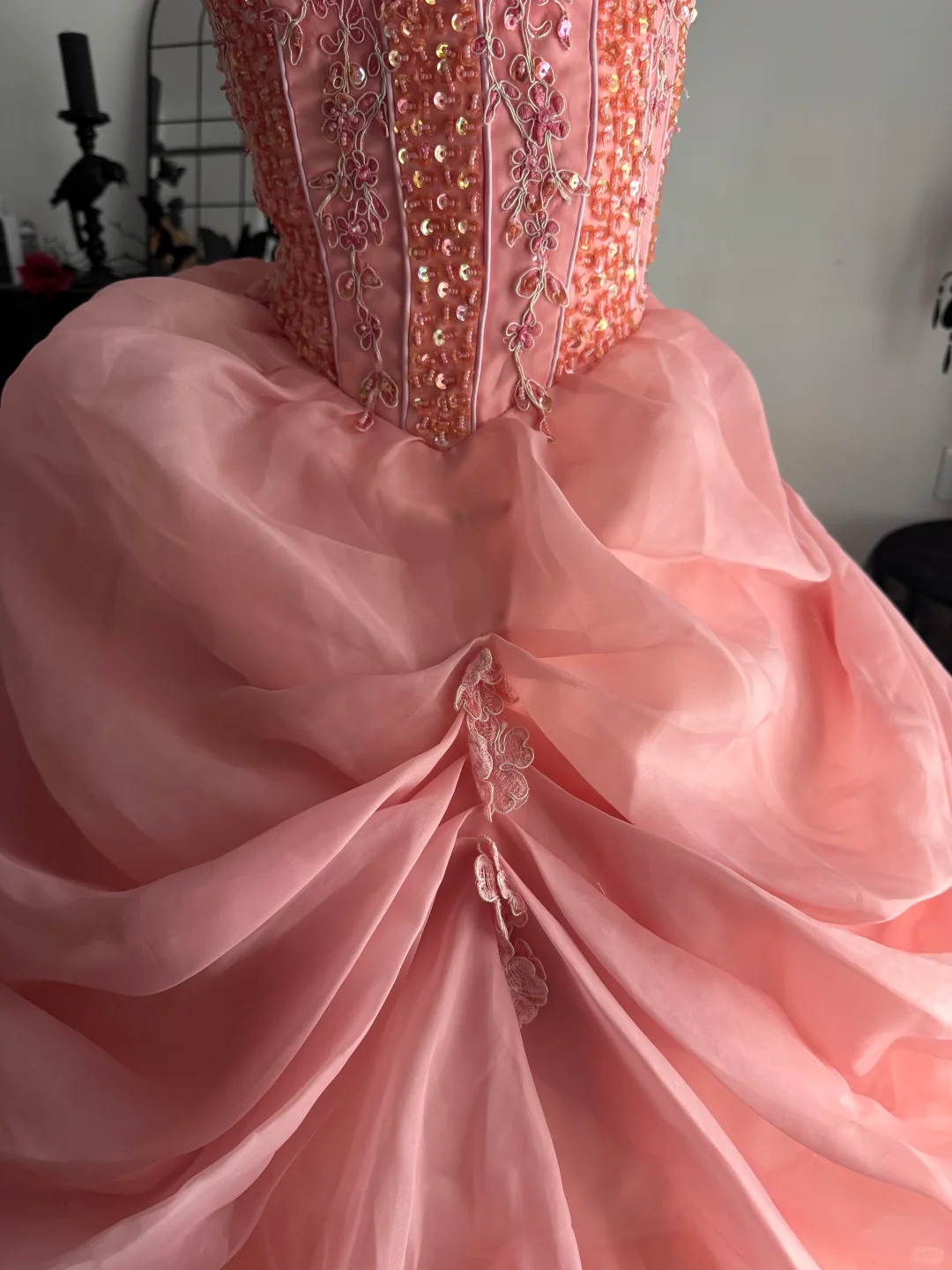 Peach Pink Ball Gown Strapless Beaded Tulle Prom Dress Quinceanera Dress DP6964