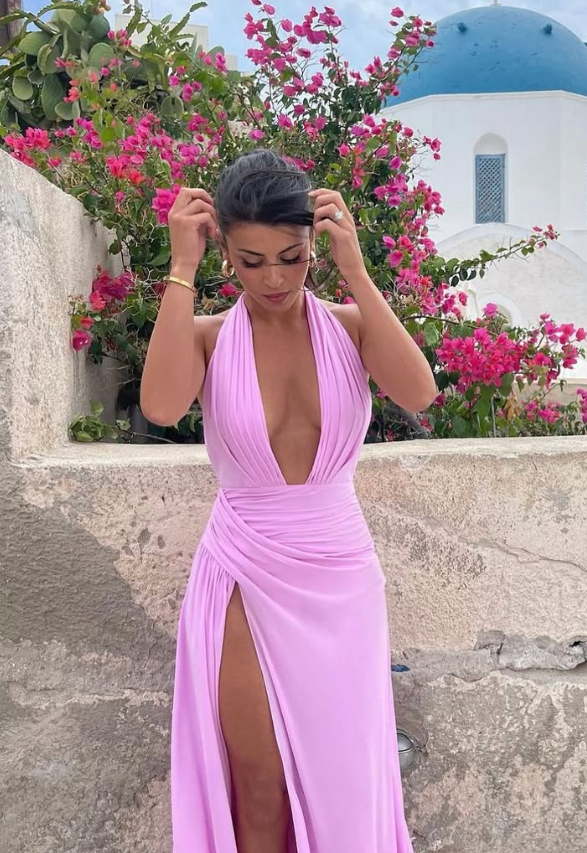 Sexy A Line V Neck Pink Satin Long Prom Dress Evening Dress with Slit DP1343