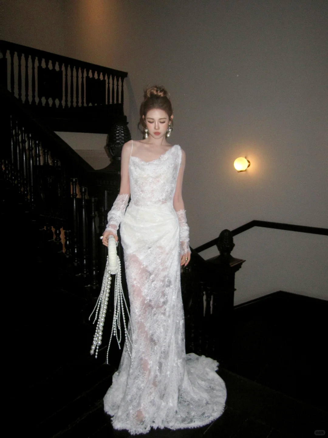 Elegant Mermaid Strap White Lace Long Sweep Party Dress Prom Dress DP2532