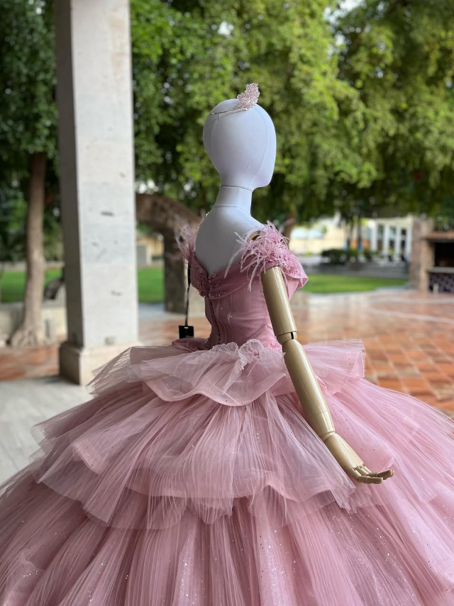 Gentle Exquisite Beaded Feather Off the Shoulder Layered Tulle Ball Gown Sweet 16 Dress Quinceanera Dress DP3023