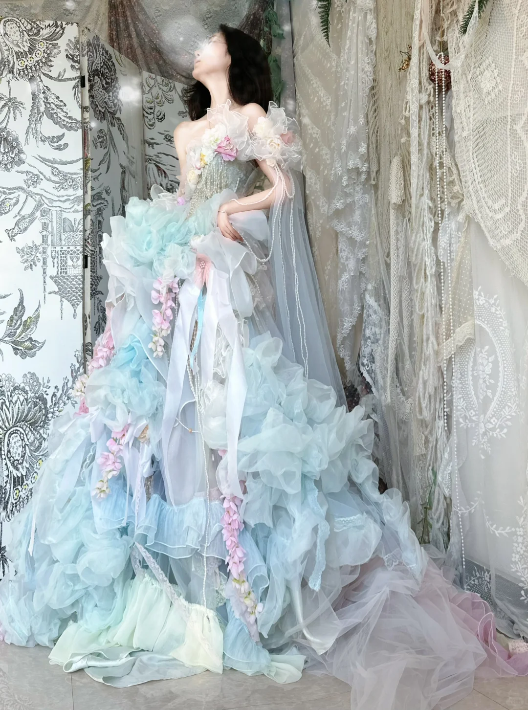 Blue Ball Gown Strapless Floral Beaded Organza Prom Dress 16th Birthday Dress DP3798