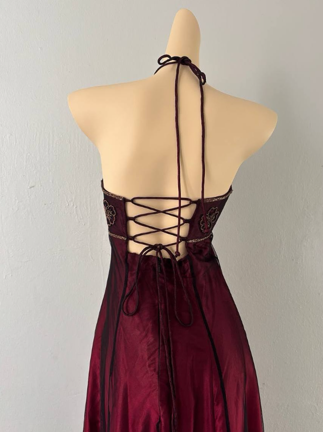 Vintage A Line Halter Beaded Burgundy Satin Black Tulle Prom Dress DP4828