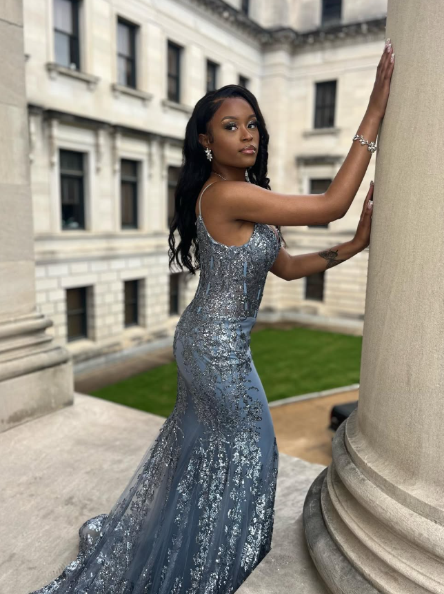 Sparkly Grey Mermaid Sequin Tulle Long Prom Dresses Sexy Formal Evening Dress DP3070