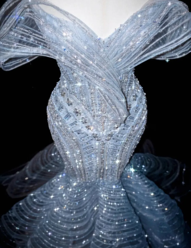 Baby Blue Beaded Dreamy Mermaid Off the Shoulder Tulle Prom Dress Evening Dress Date Dress DP3097