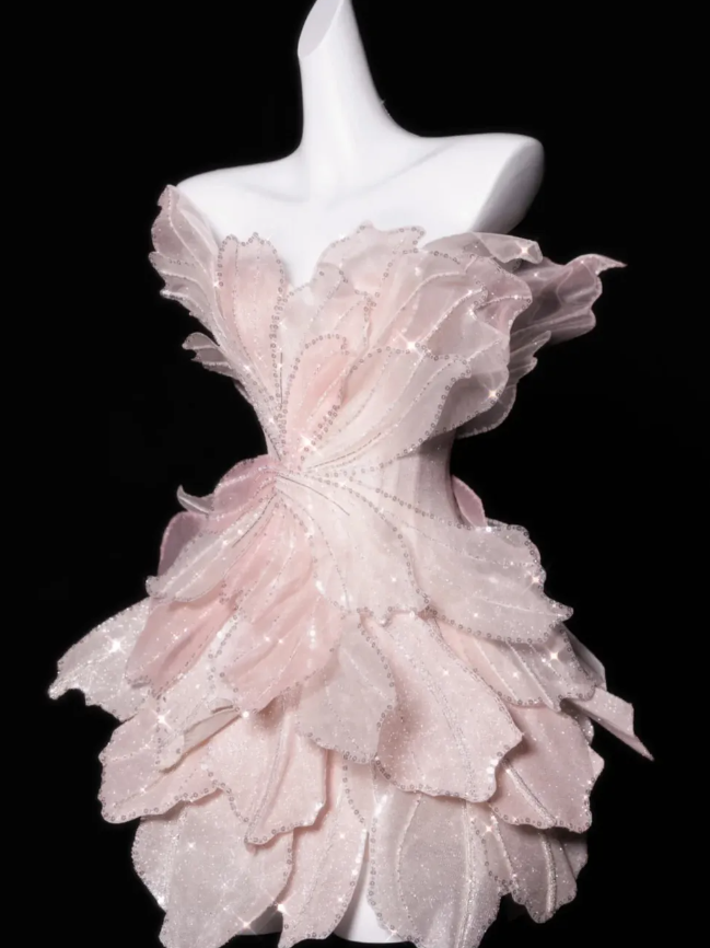 Pink Flower A Line Strapless Tiered Beaded Tulle Prom Dress Graduation Prom Dress DP1978