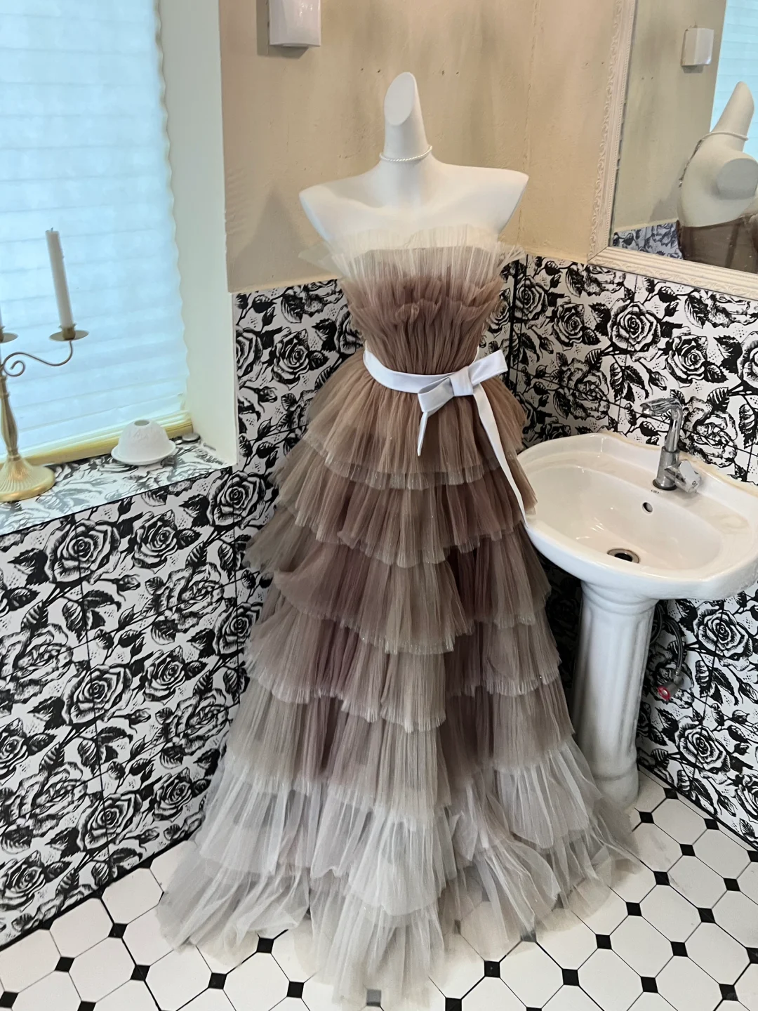 Unique Brown Grey Ombre A Line Strapless Layered Tulle Long Prom Dress Formal Dress DP3328