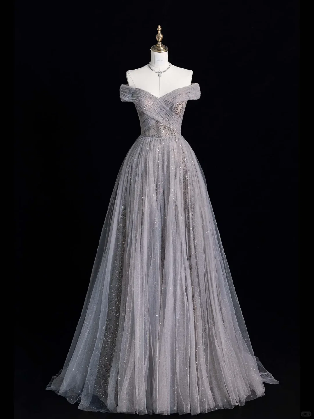 Elegant A Line Off the Shoulder Sequin Grey Tulle Prom Dress Graduation Prom Dress DP2212