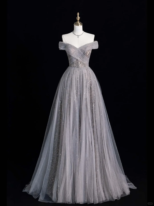 Elegant A Line Off the Shoulder Sequin Grey Tulle Prom Dress Graduation Prom Dress DP2212