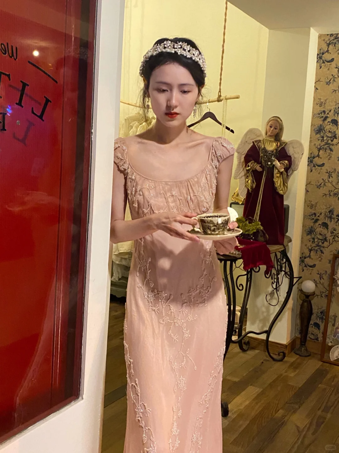 Vintage Pink Sheath Beaded Chiffon Prom Dress Evening Dress DP4005
