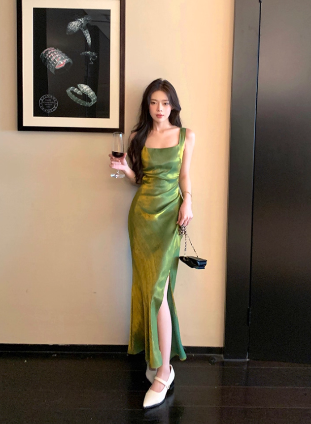 Stunning Green Mermaid Straps Pleated Satin Prom Dress Formal Dress Evening Dress DP3453
