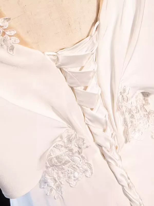 Sexy V Neck Short Sleeves Lace White Long Prom Dress DP058