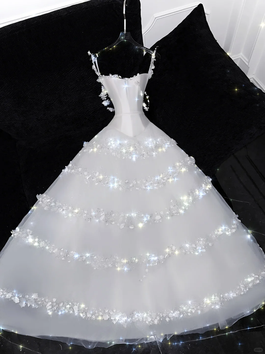 Fairy A Line Spaghetti Strap Flower White Satin Tulle Party Dress Prom Dress DP2565