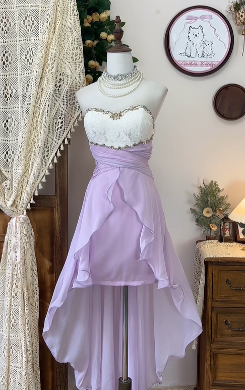 Vintage A Line Sweetheart Neck Beaded White Lace Purple Chiffon Homecoming Dress Cocktail Dress DP2444