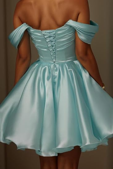 Blue A Line Off the Shoulder Satin Short Homecoming Dress Cocktail Dress DP3614