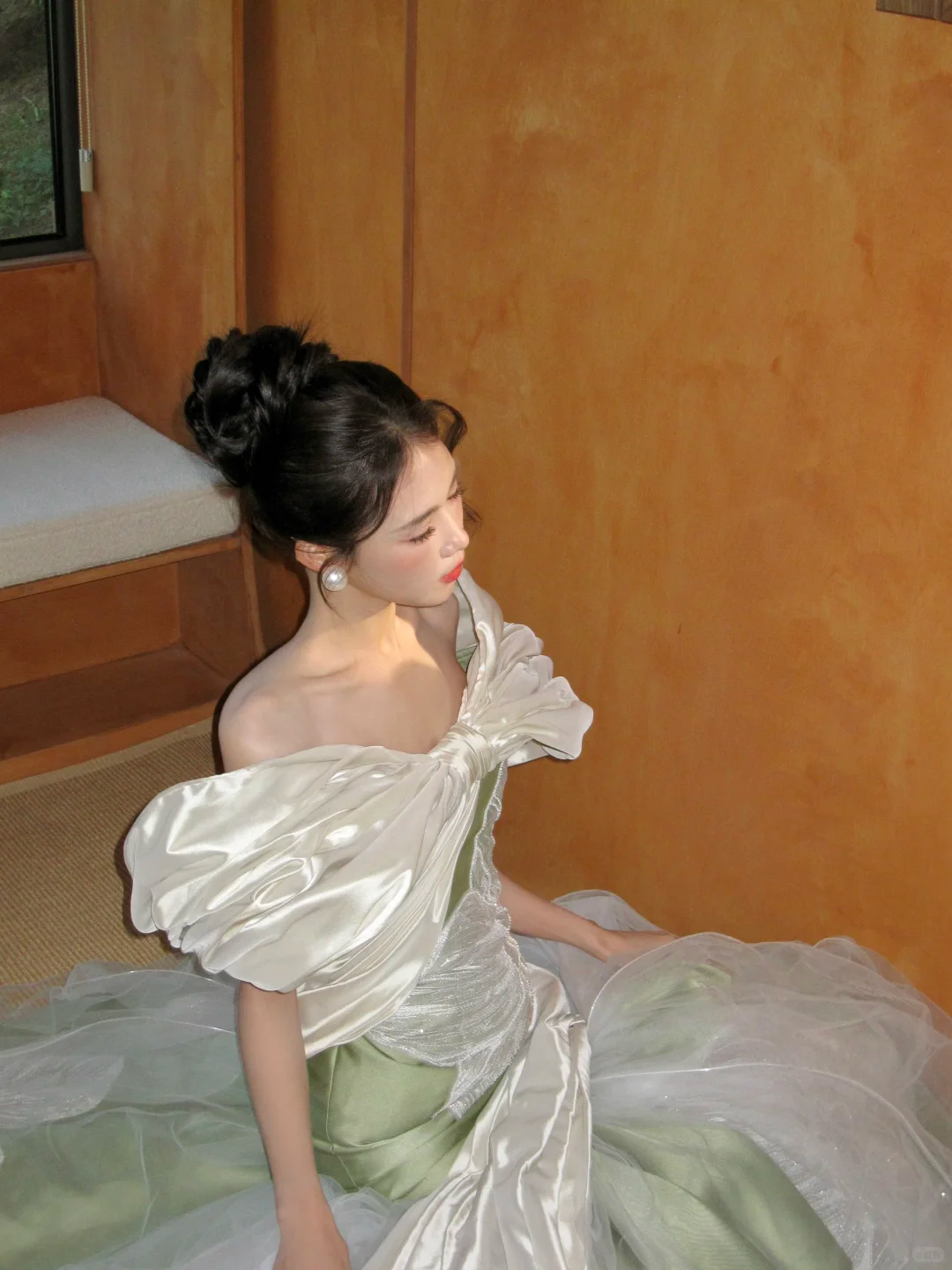 Dreamy Mermaid Off the Shoulder Beaded Green White Satin Prom Dress 18th Birthday Dress DP4461